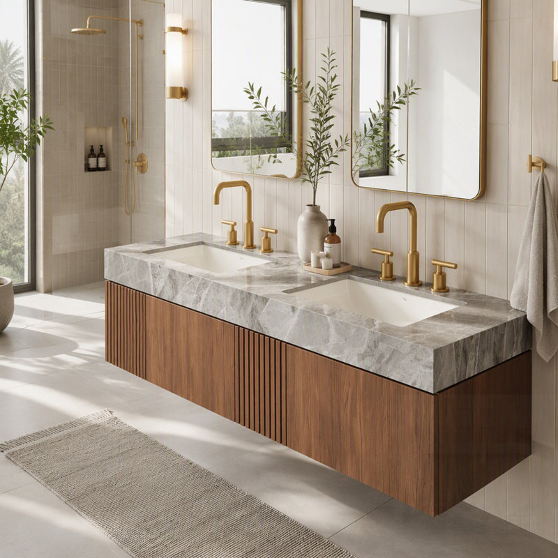 Meuble-lavabo de salle de bain avec armoire en contreplaqué flottant, plateau en pierre frittée, 2 lavabos en céramique et trous de robinet pré-percés