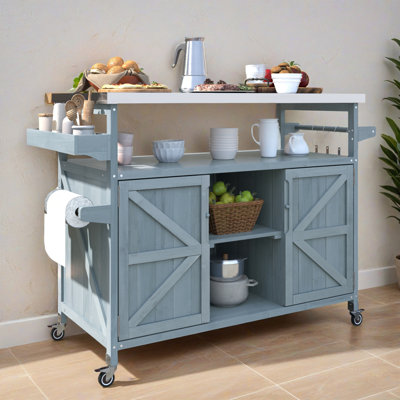 50.27" Outdoor Kitchen Island, Rolling Bar Cart, Farmhouse Solid Wood Outdoor Grill Table with Stainless Steel Top, Spice Rack, Towel Rack for Kitchen