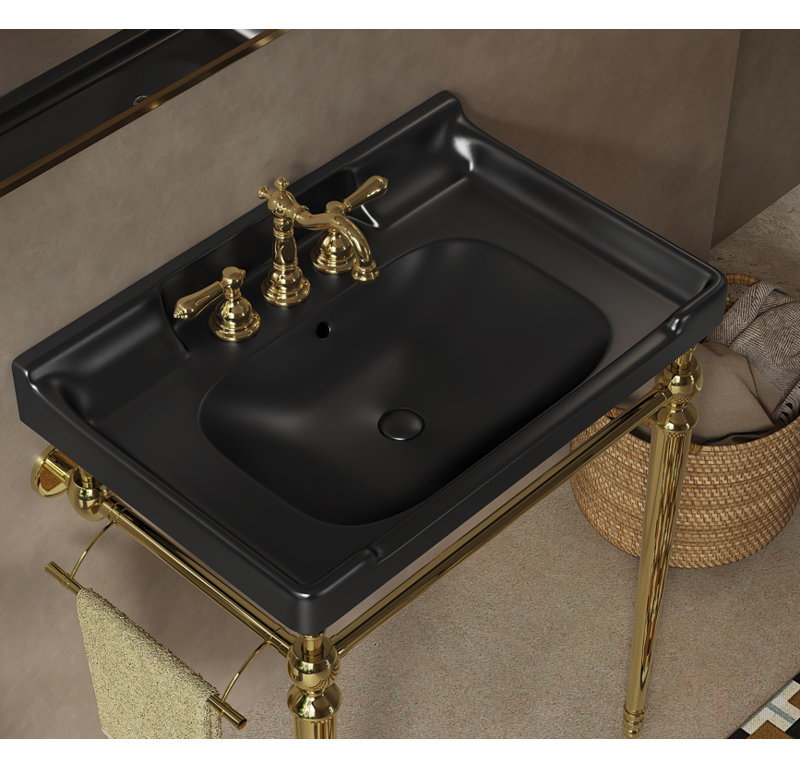 28" Bathroom Ceramic Basin, Wall-Mounted, Black, 3 Pre-Drilled Faucet Holes, Console Sink (No Cabinet Or Faucet) | Gift Idea