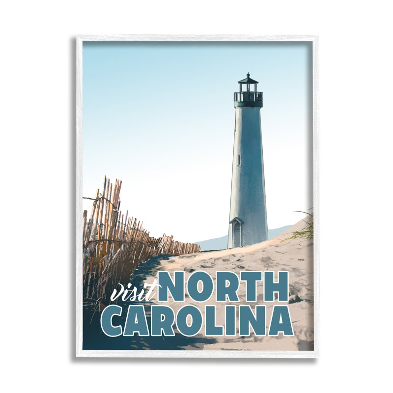 Visitez North Carolina Beach, H 14 po x l 11 po x P 1,5 po, Giclée encadrée blanc bord de mer