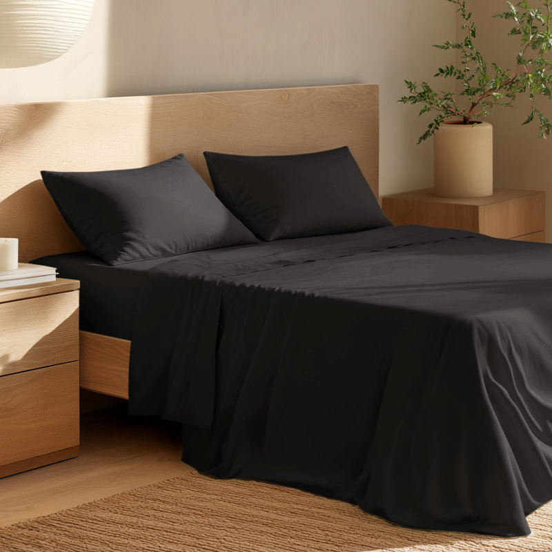 100% Cotton Percale Sheet Set, Twin XL Sheet Set with 1 Pillowcases, Black