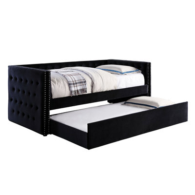 Black Padded Daybed With Trundle, Transitional Style, Flannelette Upholstery, Button , Design, Nailhead Trim, Slat Kit - Fashion,