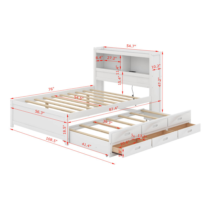 Lit plateforme double avec lit gigogne, tiroirs et port USB, Blanc