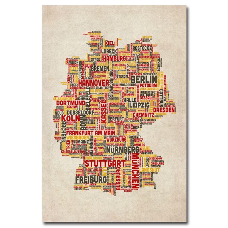 « germany-villes text map » par michael tompsett, impression sur toile tendue, H 24 po x l 16 po x P 2 po