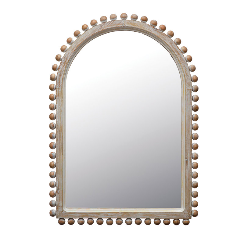 Wood Ball Framed Arched Wall Mirror, 34" x 24", Light Brown