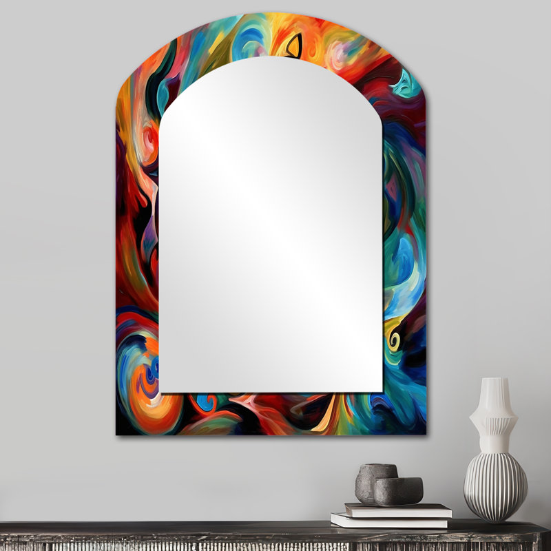 Exploring Yellow Abstracted Liquidity II - Liquid Ink Asymmetrical Wall Mirror, Orange Arch Decorative Mirror, Printed Metal Art