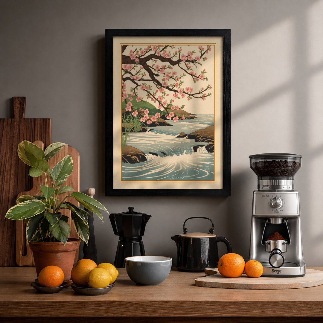 Cherry Blossom and Stream Japandi - Framed Print