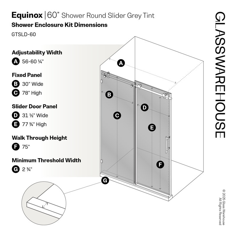 Equinox 56 - 60 in. x 78 in. Fully Frameless Gray Tinted Sliding Shower Door, Brushed Bronze