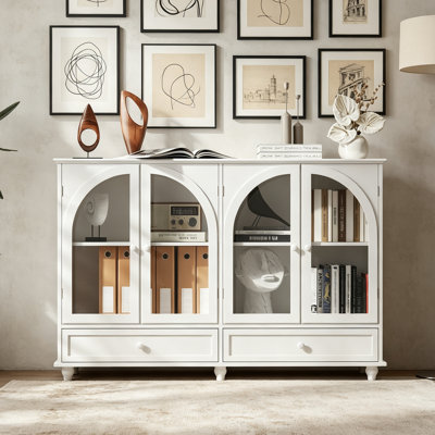 Buffet blanc en verre arqué avec buffet, 2 tiroirs et 4 portes en verre, armoire de présentation avec tablettes réglables, armoire de cuisine moderne pour le vestibule du salon