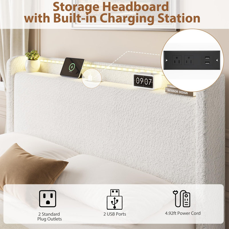 Boucle Bed Frame, LED Light Headboard/4 Storage Drawers/Charging Station, White, Queen
