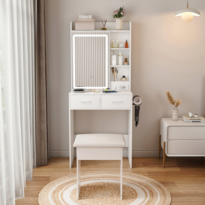 Petit bureau de coiffeuse avec miroir et lumières à DEL réglables, prise de courant intégrée et rangement dissimulé, comprend tabouret et tablette rembourrés, coiffeuse compacte pour petite chambre à coucher, blanc