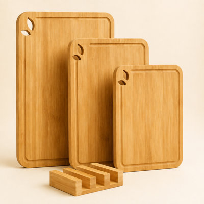Ensemble de planche à découper en bambou naturel de qualité supérieure 4 pièces, avec rainures à jus, support de rangement et tapis antidérapant, planches de préparation de cuisine multi-tailles pour légumes à la viande, cadeau idéal pour les cuisiniers amateurs