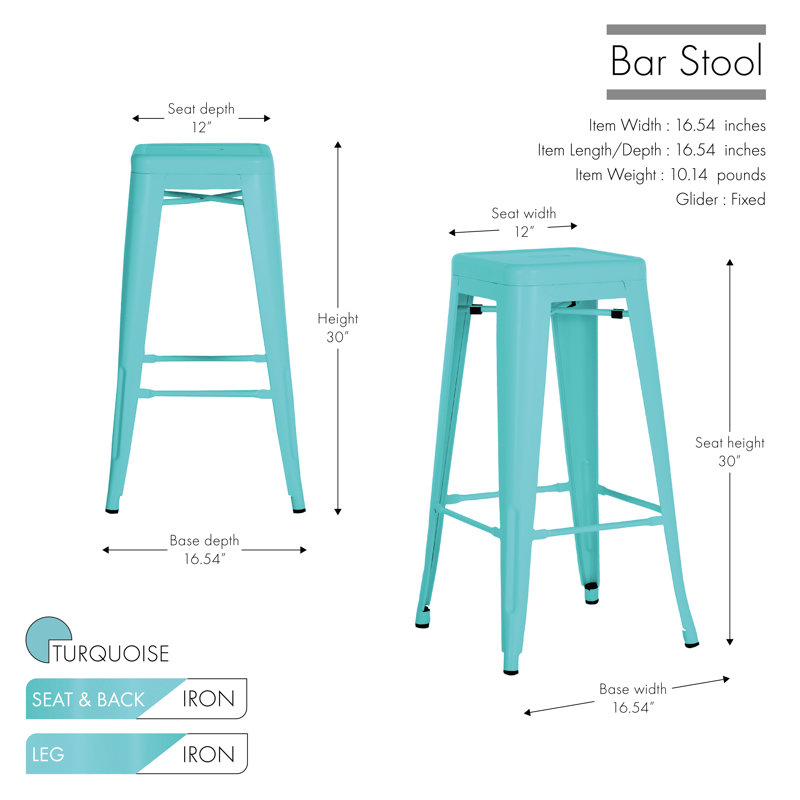 Wright Stackable Metal 30" Patio Bar Stool, Turquoise