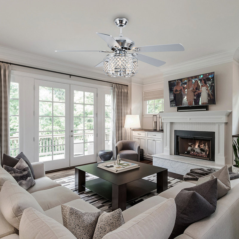 Kamori 52" Crystal Ceiling Fan w Wood Blades and 3 Lights, Crystal Light Shade, Quiet DC Motor w/ Remote