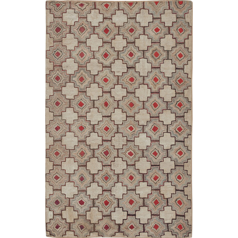 Antique Allover Geometric Wool & Cotton American Folk Art Hooked Rug