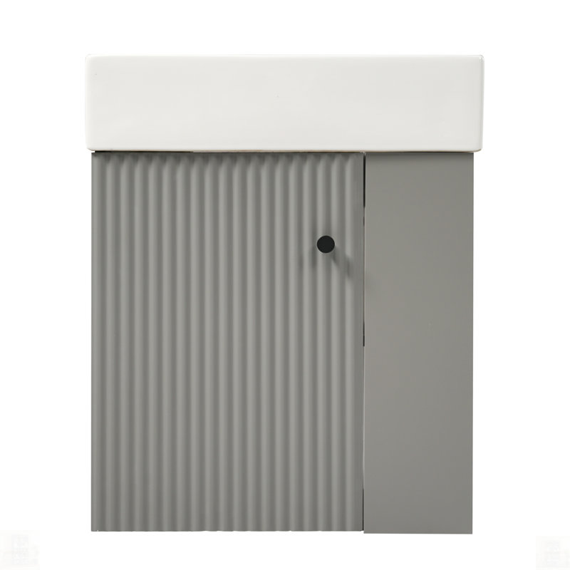 Meuble-lavabo flottant moderne avec lavabo en céramique, idéal pour les petites salles de bain et un rangement efficace du côté droit.