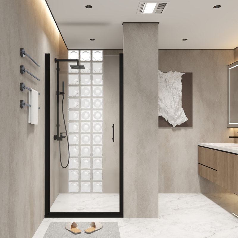 34"X 72" Pivot Shower Door Aluminum Frame, Half Frame ,1/4"(6Mm) Tempered Glass Explosion Proof Film
