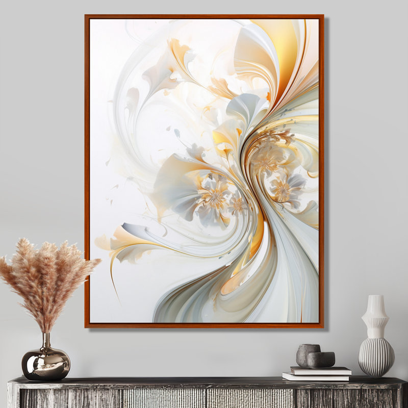 «Whirling River Dynamics Gold and White III - Abstract Spirals», art mural, Cadre flottant brun, H 32 po x l 16 po