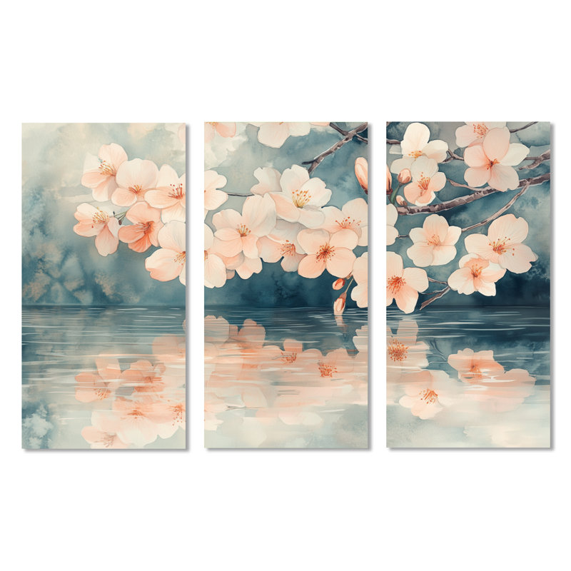 «Cherry Blossom Reflection I - Ivory Floral», art mural 3 pièces, H 32 po x l 48 po, Toile tendue