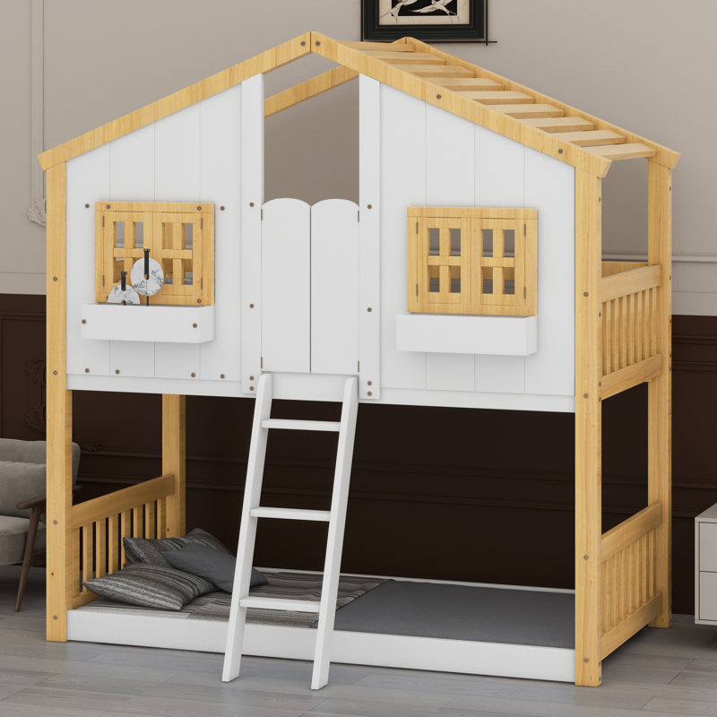 House Bunk Bed With Roof , Window, Window Box, Door , With Safety Guardrails And Ladder, Natural