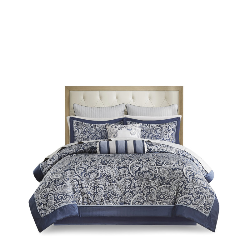 Ensemble de couette 12 pièces King bleu marine, draps doux 100 % coton, couette élégante à motif cachemire, 2 taies d'oreiller carrées, coussins décoratifs, cache-sommier inclus. Magnifique motif.