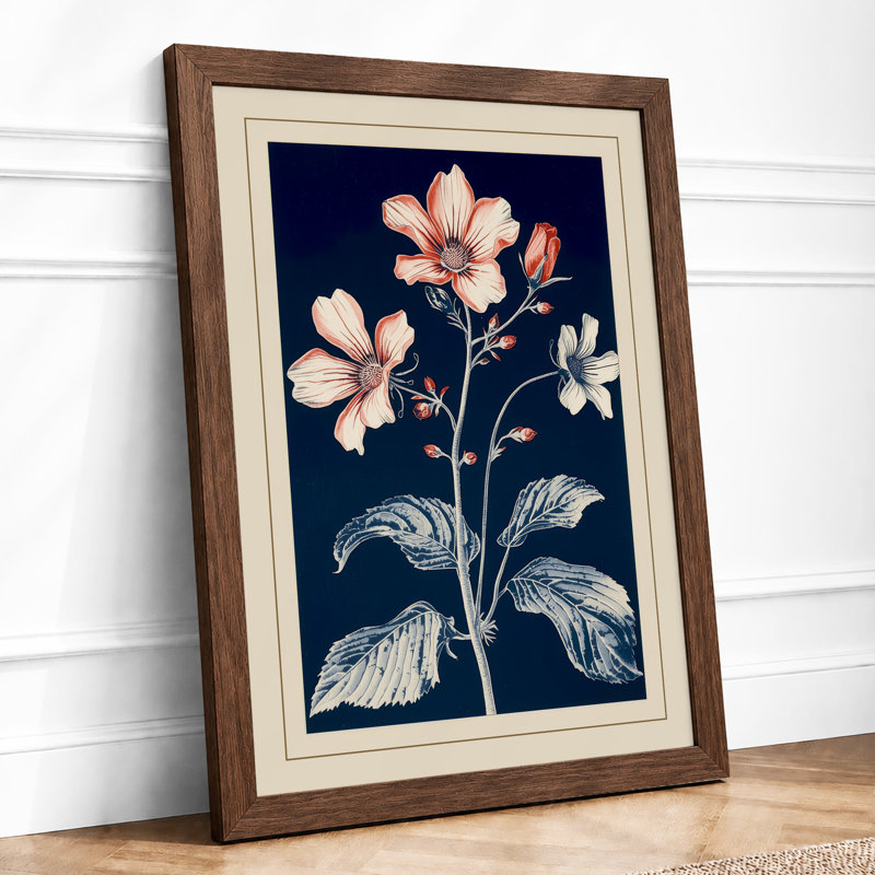 Pale Blossoms On Navy Botanical - Print, Walnut, A1 - 84.1 x 59.4 cm