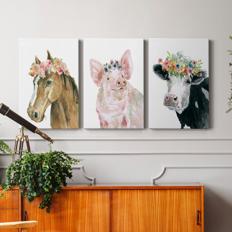 Flower Crown Cow - ensemble de 3 impressions sur toile tendue, H 24 po x l 36 po x P 1 po