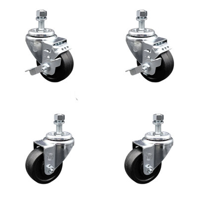 3.5 Inch_Soft Rubber Wheel Swivel 12mm Threaded Stem Caster Set 2 Brakes SCC