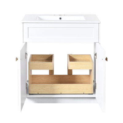 Armoire de salle de bain 30 po avec lavabo en céramique - Style moderne. Base en bois massif, planches, intérieur spacieux, meuble-lavabo d'apparence élégante. Bassin brillant, grand espace de rangement, charnières, longue durée