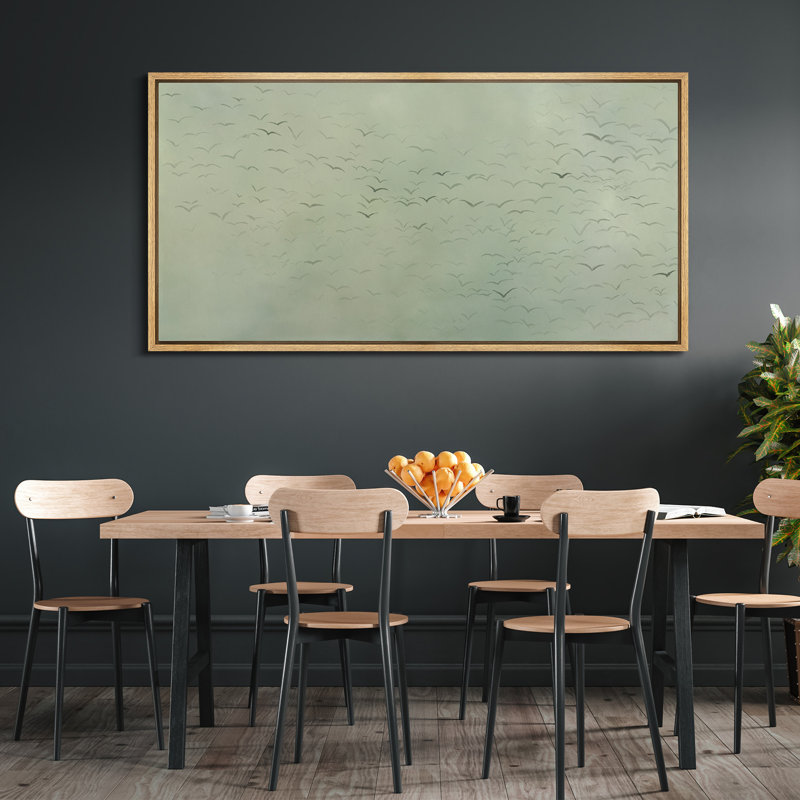 Volée d'oiseaux dans le ciel, toile encadrée - Art vert minimaliste doux inspiré de la nature, Naturel, H 30 po x l 60 po