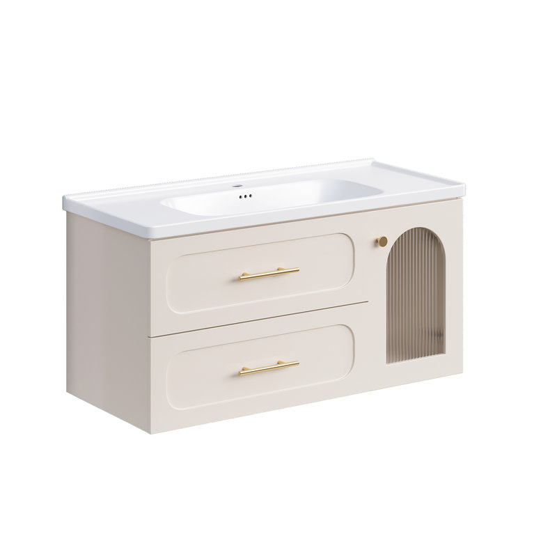 39.4'' Modern Floating Bathroom Vanity with Integrated Ceramic Sink Matte Taupe Cabinet and Gold Hardware