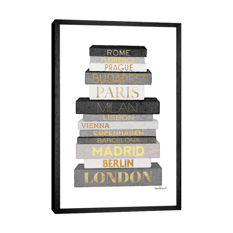 City Books Europe, Grey & Gold by Amanda Greenwood - Painting on Canvas, 66.04 cm H x 45.72 cm W, Black Framed Canvas