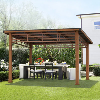 LUE BONA Hardtop Gazebo, Outdoor Pergola Metal Roof Gazebo With Wooden Frame, Patio Gazebo Canopy With Curtains, Permanent Pavilion Grill Gazebo For Backyard, Garden Brown