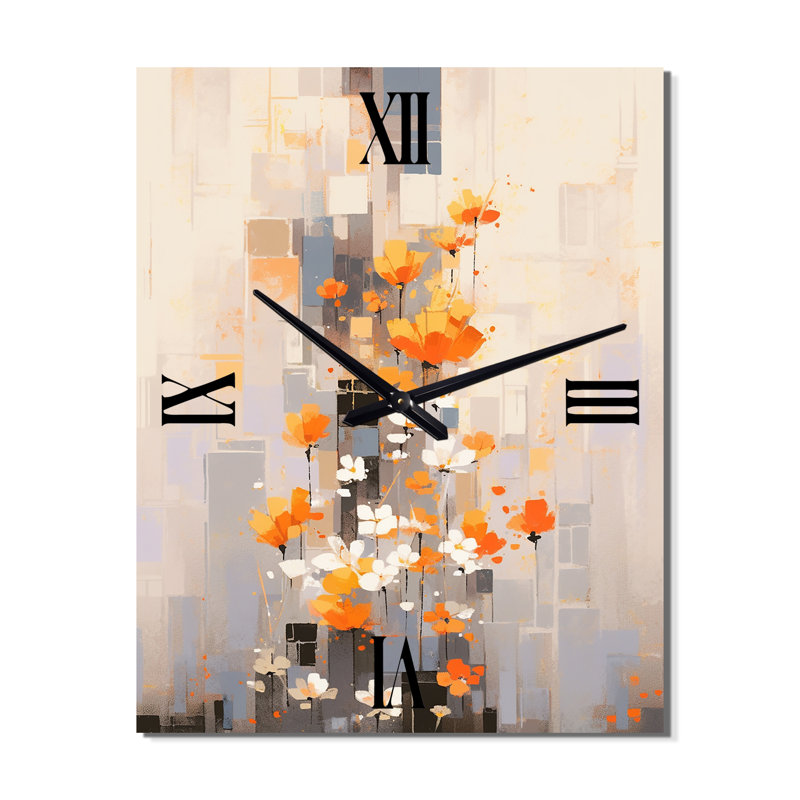 Horloge murale florale orange et gris, Grand