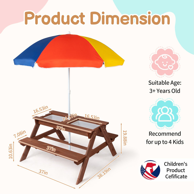 Table de pique-nique et banc pour enfants avec parasol et boîtes de jeu, Brun