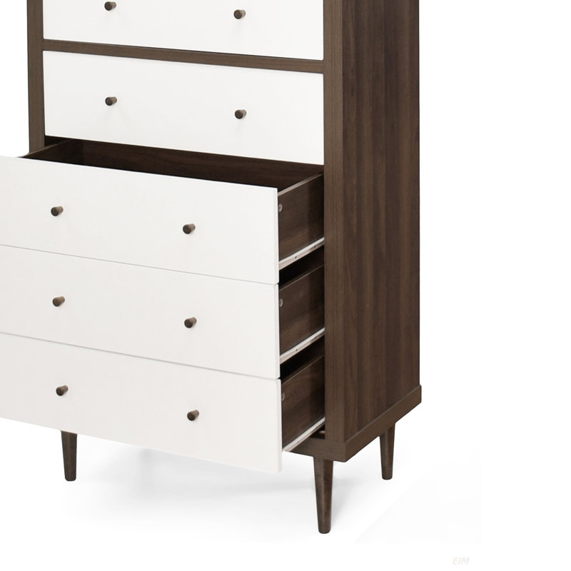 Commode 5 tiroirs NORDIC, commode haute 5 tiroirs pour chambre à coucher (commode), Noyer/blanc