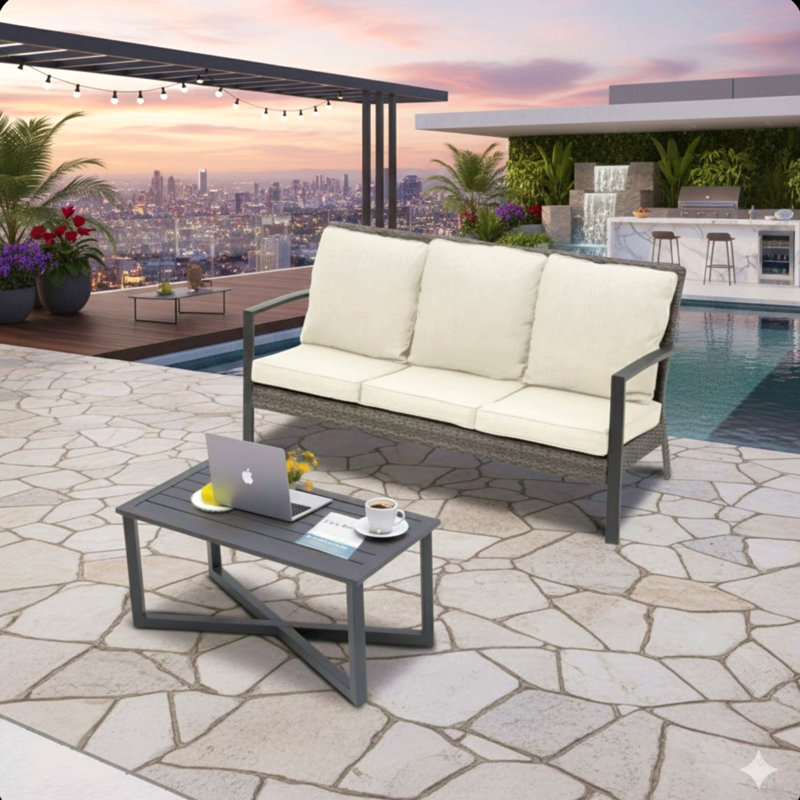 2-Piece Wicker Patio Conversation Set With Cushions & Coffee Table, Beige Cushion/Gray Frame