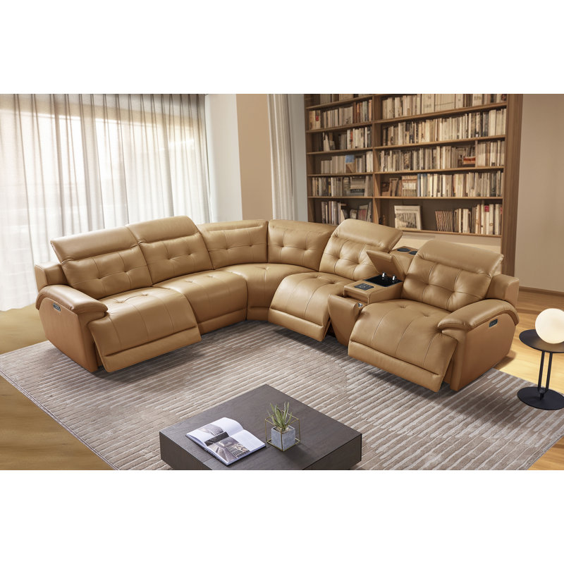 Power Reclining Leather Corner Recliner Sofa with Bluetooth Aduio & Storage & Wirless Charging & Cup Holders