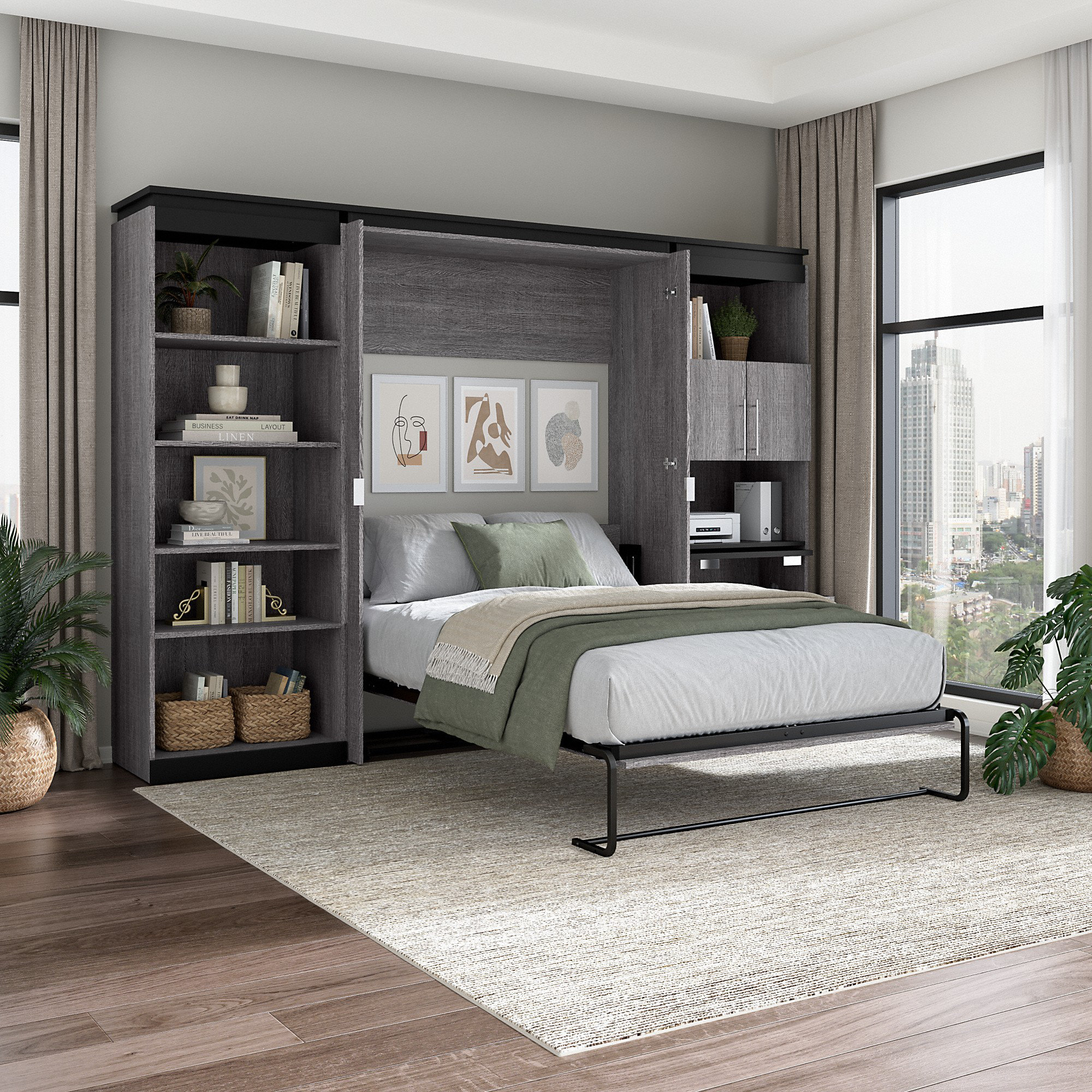 Wade Logan® Camalla Full Murphy Bed with Shelving and Fold-Out Desk ...