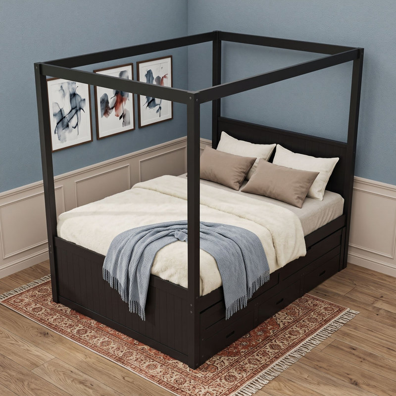 Lit plateforme à baldaquin en bois avec tête de lit, 3 tiroirs et lit gigogne simple, Lit double, Noir