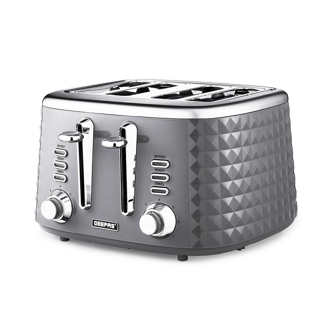 Geepas 4 Slice Bread Toaster With 7 Level Browning Control, Removable Crumb Tray, Defrost, Reheat - Grey