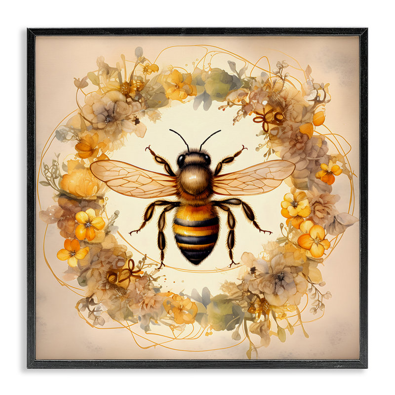 «Country Bee Wreath», art de la giclée encadrée par Petal Prints Design, H 17 po x l 17 po, Giclée encadrée noir minuit