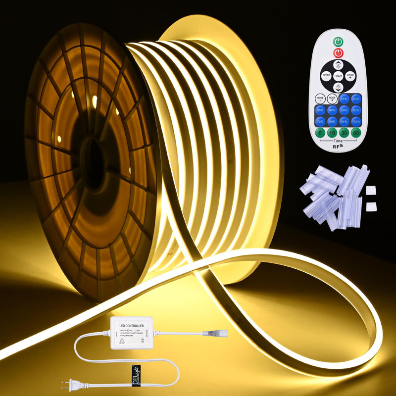 Lamuel DELight 100FT Warm White LED Strip Neon Rope Lights with Remote Comtrol Cuttable DIY Commercial Sign for Outdoor DEL-D100W