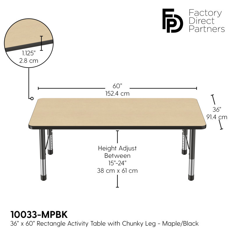 Table d'activité rectangulaire à hauteur réglable en forme de T, Érable / noir, Épais, 36 po x 60 po