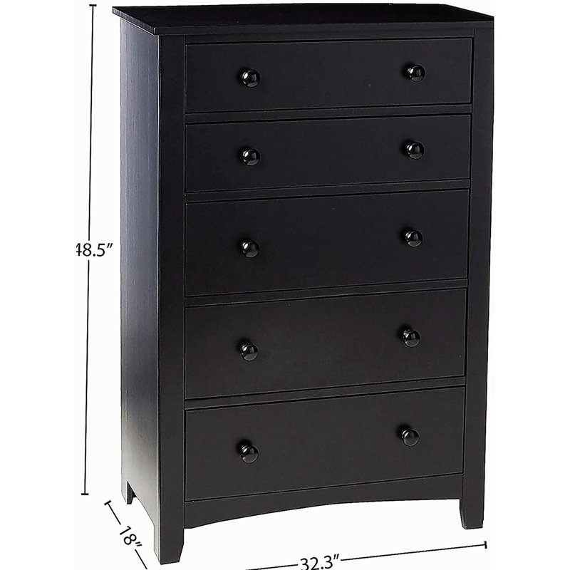 Commode 5 pièces contemporaine à finition noire avec commode en contreplaqué et placage de pin 5 tiroirs