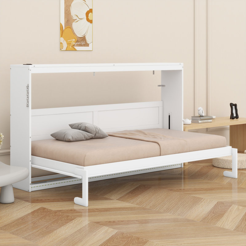 Lit escamotable peu encombrant avec motif imprimé, station de charge DEL sous le lit et USB, Lit simple, Blanc