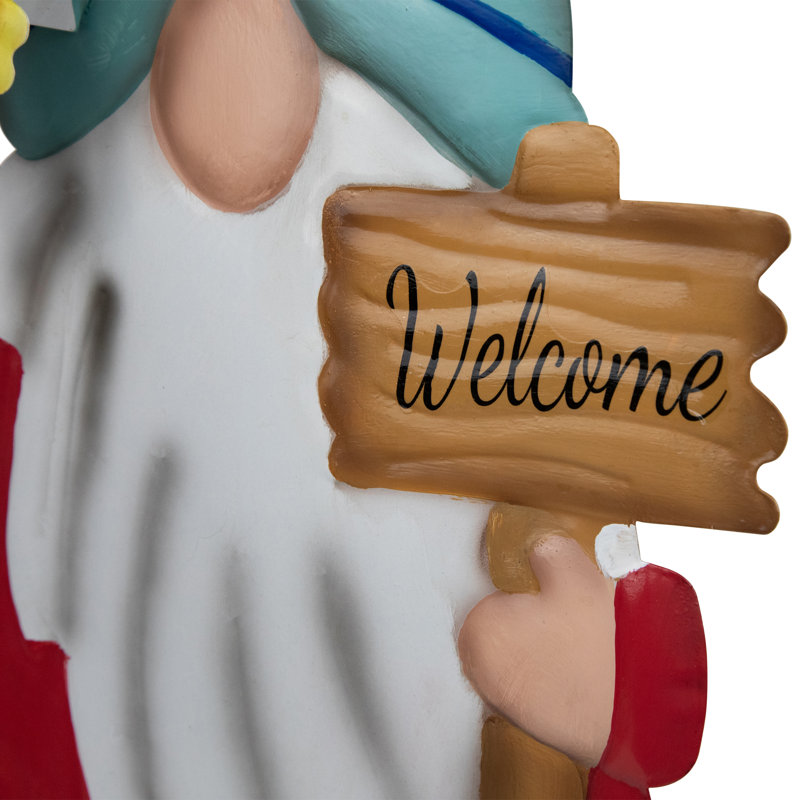 Red and Blue Welcome Gnome Garden Stake with Metal Sign