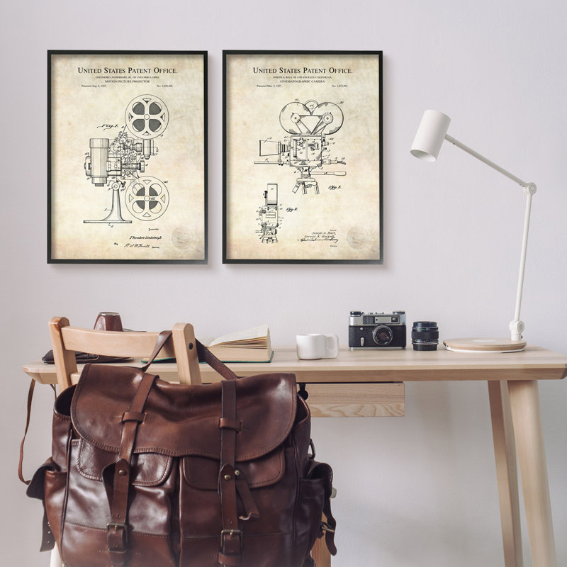 Vintage Movie Camera Patent Diagram Black Framed Canvas Art, 11 x 14