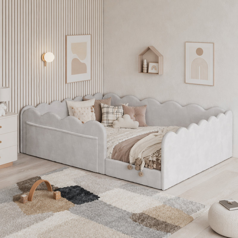 Lit de plancher rembourré, Gris clair, Lit double