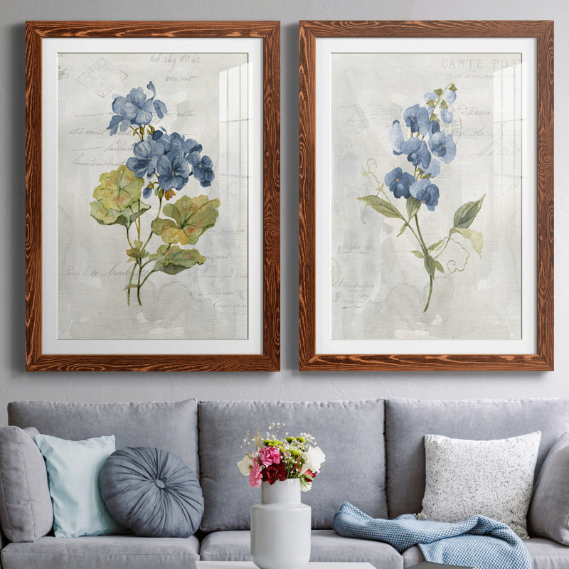 Lin bleu géranium - ensemble de 2 reproductions d'art, Impression encadrée avec passe-partout, H 44 po x l 31 po, Érable